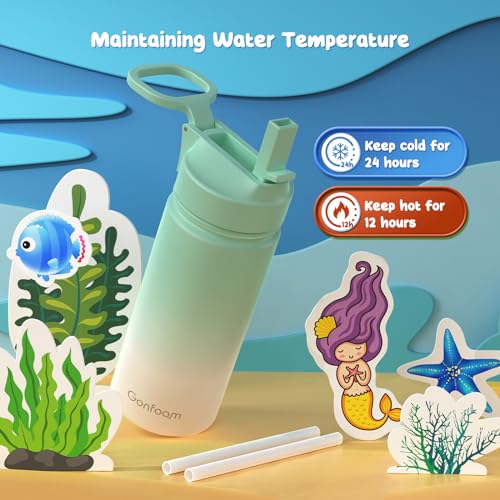 Gonfoam 16oz Kids Water Bottle, Stainless Steel Insulated Cup | DIY Stickers, BPA-free, Leak-proof, Sturdy, Keeps Cold 24h, Easy to Carry, Easy to Clean, Back to School, Gifts - color: Green/White