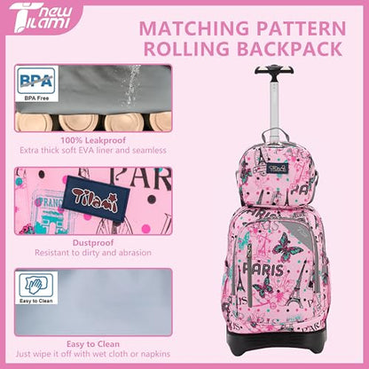 NEW TILAMI 18 inch Rolling Backpack for Kids Waterproof, Adjustable Handle Stair Climbing, Large Storage for School, Travel, Girls & Boys, Pink Romantic Paris - color: Pink Romantic Paris