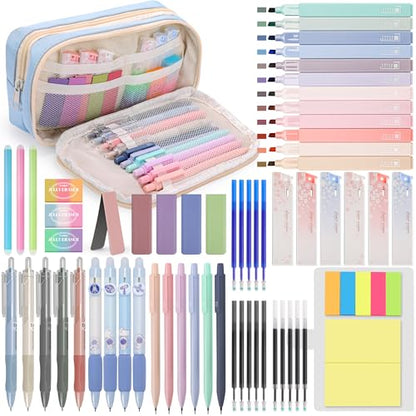 DazSpirit 61PCS Aesthetic College School Supplies Set with Cute Pencil Case | Pastel No Bleed Highlighters, Gel & Erasable Pens, Mechanical Pencils, Refills & Sticky Notes, Complete Stationery Kit - color: Blue