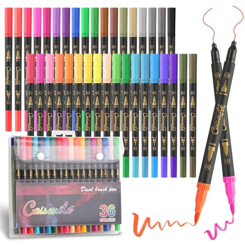 36 Colors Duo Tip Pens Art Markers Set, 72 Nibs Fine and Brush Tip for Adult Coloring Books Journaling Note Taking Lettering Calligraphy Drawing Pens Supplies - color: 36 colors