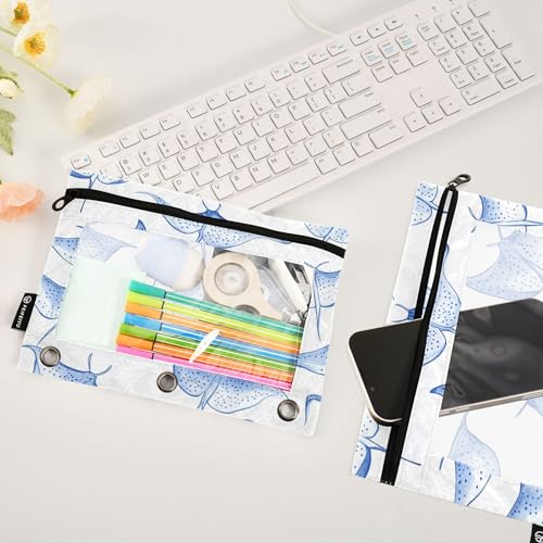 Manta Rays Blue Binder Pencil Pouch 3 Ring Clear Pouches with Zipper Pen Organizer for Office College School, 2 Pack - color: Multi-manta Rays Blue