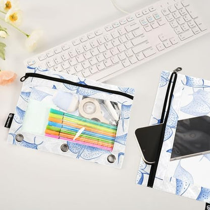 Manta Rays Blue Binder Pencil Pouch 3 Ring Clear Pouches with Zipper Pen Organizer for Office College School, 2 Pack - color: Multi-manta Rays Blue