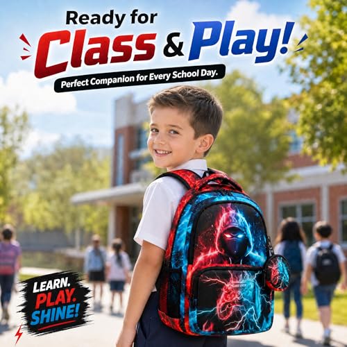Game Backpack Set for Boys Kids, Gaming Kids Boys Backpack with Lunch Box, Pencil Bag and Coin Purse. Game School Bag 17" (Blue&Red) - color: Blue&red-2