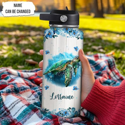 Hyturtle Personalized Gifts For Sea Turtle Lover-Just A Girl Who Loves Sea Turtle Custom Name 18oz 32oz Stainless Steel Bottle With Straw Lid-Idea Ocean Animal Lover Gifts For Women Girl On Birthday - color: Sea