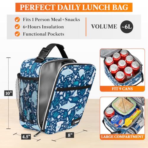 opux Insulated Lunch Bag for Kids Boys Girls, Small Compact Lunch Box with Wide Opening & Mesh Pockets, Reusable Lunch Pail for School, Work, Adults, Men, Women, Blue Shark - color: Blue Shark
