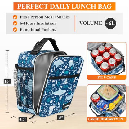 opux Insulated Lunch Bag for Kids Boys Girls, Small Compact Lunch Box with Wide Opening & Mesh Pockets, Reusable Lunch Pail for School, Work, Adults, Men, Women, Blue Shark - color: Blue Shark
