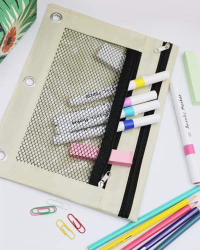 Pencil Pouch for 3 Ring Binder - 3 Hole Zipper Pen Case Bag Holder Bulk Accessories Clear Window Aesthetic Organizer Pockets - color: Beige