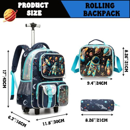 Meetbelify Kids Rolling Backpack with Wheels for Boys Rolling Backpacks with Lunch Box for Elementary School Students 3 in 1 Travel Luggage Suitcase for Boys Age 8-10 - color: Space 01