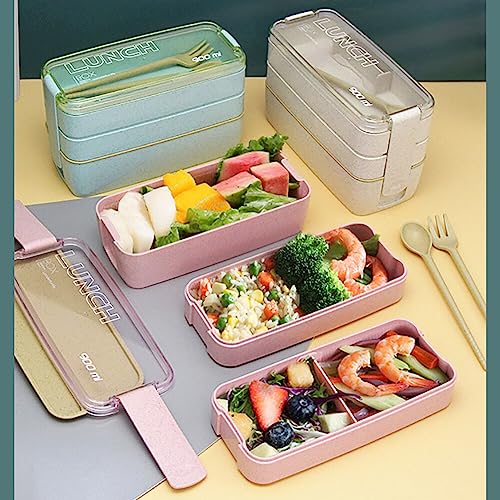 Adult Lunch Box Square 3 Compartment 900ML Sealed Bento Box 3 Layers All-in-One Stackable Bento Box Containers with Fork Spoon for Home Travel Office Plastic Lunch Box (Green)