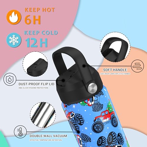 Boys Monster Truck Christmas Water Bottle for School，Kids 18 oz Insulated Stainless Steel Cup with Straw, Double-Wall Vacuum Leakproof - color: C12.Monster Truck-Christmas