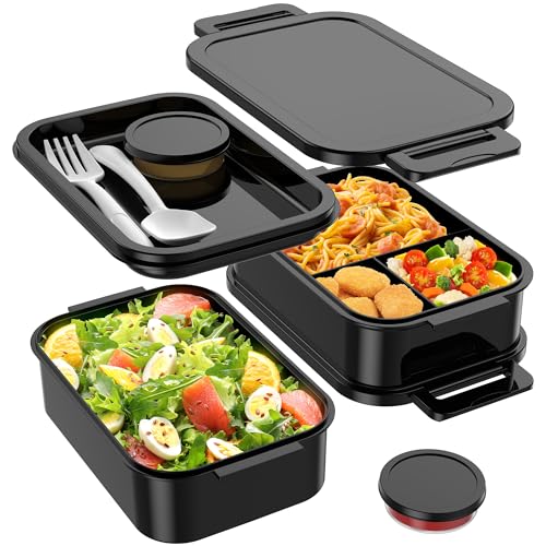 Jelife Adult Bento Box Lunch Box - Large Style Stackable Bento Lunch Box for Adults, 72oz All-in-One 3 Layers Bento Boxes Leak-Proof Lunchbox with Utensil Sauce Containers for Dining Out,Work, Black - color: Black