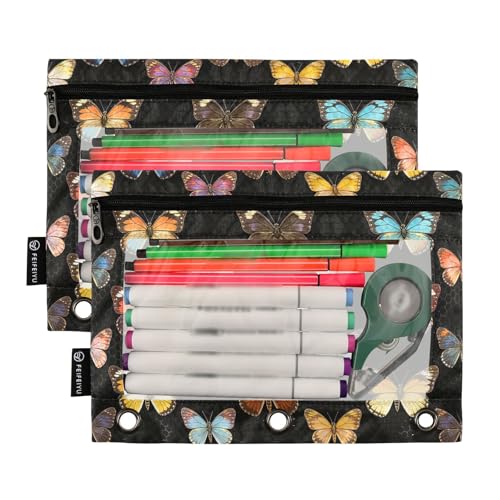 Butterfly Pencil Pouches for 3 Ring Binder, Zipper Binder Pencil Case, 2 Pack Clear Window Case Bag for Office Organizers - color: Butterfly
