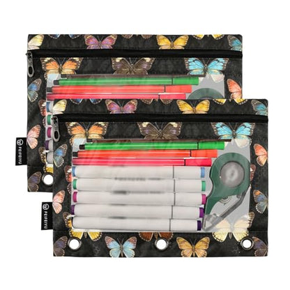 Butterfly Pencil Pouches for 3 Ring Binder, Zipper Binder Pencil Case, 2 Pack Clear Window Case Bag for Office Organizers - color: Butterfly