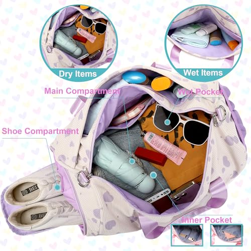 Jumpopack Corduroy Dance Bag Girls Duffle Bags Gymnastics Overnight Sleepover Gym Bag with Shoe Compartment and Wet Pocket,Heart Shape - color: Heart Beige