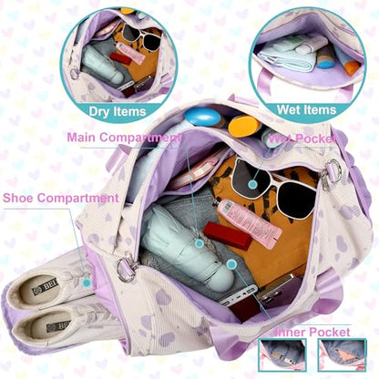 Jumpopack Corduroy Dance Bag Girls Duffle Bags Gymnastics Overnight Sleepover Gym Bag with Shoe Compartment and Wet Pocket,Heart Shape - color: Heart Beige