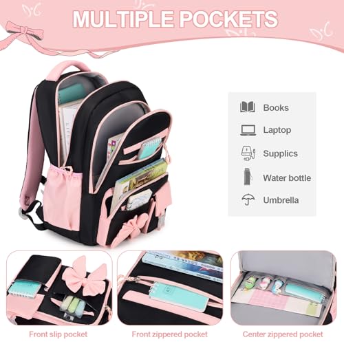 DIGOBAY Girls Backpack - Includes 14oz Insulated Water Bottle, Girls School Backpack Set with Lunch Bag & Pencil Case Teens for School (Black-Pink)