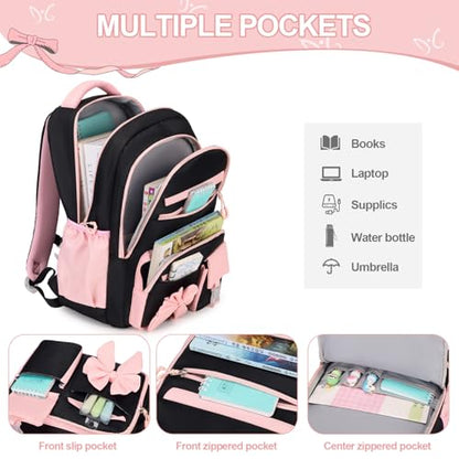 DIGOBAY Girls Backpack - Includes 14oz Insulated Water Bottle, Girls School Backpack Set with Lunch Bag & Pencil Case Teens for School (Black-Pink)