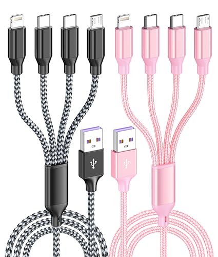 4ft 2 Pack 4 in 1 Multi Charging Cable, IP/Type C Port for iPhone/Android | Travel Essentials Type-C Universal Car Charger Cable,Nylon Braided Lightning Charging Cord,Micro USB Charger Cord-Black&Rose - color: BlackGrey/Rose-4ft-2Pack