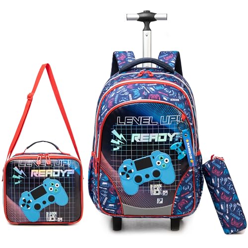 Kids Gamepad Rolling Backpack for Boys Suitcases Trolley Backpacks with Wheels Roller Luggage Backpacks on Wheels with Lunch Box Pencil Case for Elementary Boy Travel Soccer school Bag Blue - color: Blue-40421-yxsb-lg