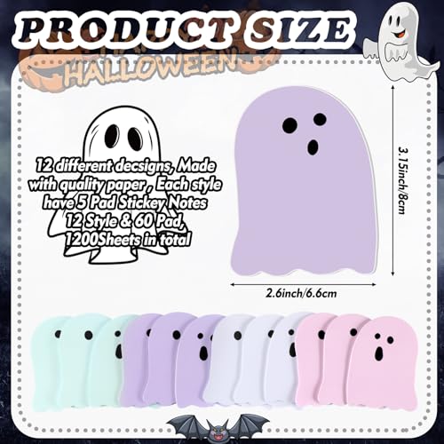 Zhanmai 1200 Pcs Halloween Ghost Sticky Notes Self-Adhesive Halloween Cute Note Pads Removable Ghost Memo Notes for School Office Home Students Teachers Present - style: Halloween