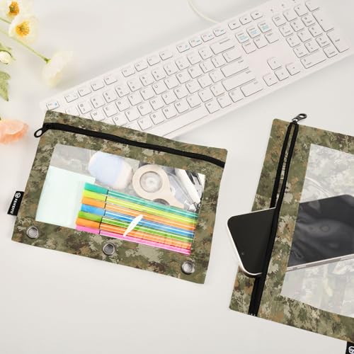 Camo Pencil Pouch For 3 Ring Binder Clear Window Pencil Case For 3 Ring Reinforced Grommets With Zipper, 2 Pack - color: Camo