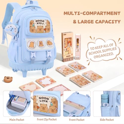 Capybara Rolling Backpack for Girls - 3PCS Girls Backpack Kids Suitcase with Lunch Box & Pencil Case Travel - Capybara Backpack with Wheels for Kindergarten Preschool Elementary (Blue) - color: Blue