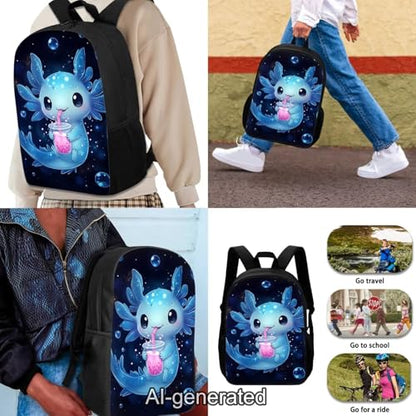 Blue Axolotl Kids Backpack Set 3Pcs with Lunch Bag Pen Bag Set Portable Lunch Bag Multifunctional Pencil Case Lightweight Casual Daypacks for Elementary School Students - color: Blue Axolotl