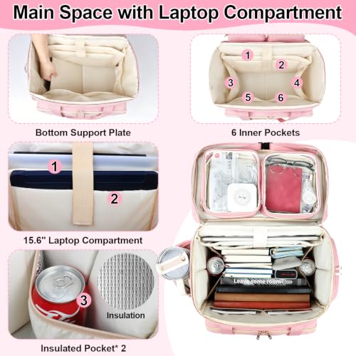 SIYNPAV 5-Wheeled Rolling Teacher Bag with Detachable Trolley, 15.6 Inch Laptop Sleeve & Accordion File Organizer, Large Capacity Teacher Tote with Cup Holder for School Office, Pink