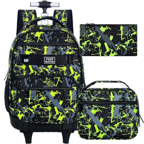 3Pcs Rolling Backpack for Boys Men, Travel Roller Backpacks with Wheels for Adults, Teens College Graffiti Wheeled Bookbag with Lunch Box(Green) - color: Airbrush Green
