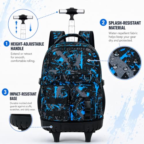 WZLVO 3PCS Wheeled Backpack, Water Resistance Rolling Bookbag for Boys, Roller School Bag Set with Lunch Box & Pencil Bag for Teens & Kids - Spray Blue - color: 3pcs Boys Rolling Backpack - Spray Blue