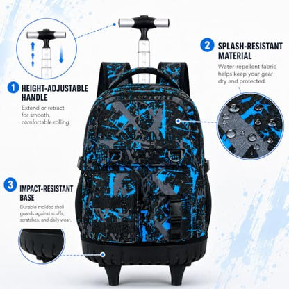 WZLVO 3PCS Wheeled Backpack, Water Resistance Rolling Bookbag for Boys, Roller School Bag Set with Lunch Box & Pencil Bag for Teens & Kids - Spray Blue - color: 3pcs Boys Rolling Backpack - Spray Blue