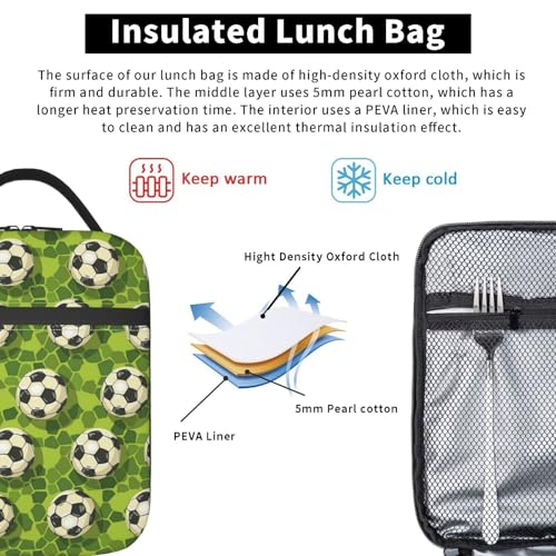 Soccer Lunch Box for Kids Aldults, Ball Sport Style Reusable Thermal Insulation Cooler Tote Bags, Grass Football Print Insulated Bag for Student, School Picnic Camping Travel, Gifts - color: Soccer01