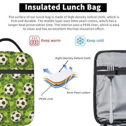 Soccer Lunch Box for Kids Aldults, Ball Sport Style Reusable Thermal Insulation Cooler Tote Bags, Grass Football Print Insulated Bag for Student, School Picnic Camping Travel, Gifts - color: Soccer01