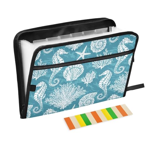 Sea Shell Seahorse Coral File Folders,Plastic Folders with 13 Pockets,Expandable File Folder for Documents School Students Office,Aesthetic Folder with Labels A4 Letter Size - color: Multicolor 12