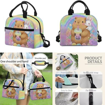 Girls Cute Capybara 4 in 1 Backpack Set - Bunny Print Kids Elementary School Bookbag with Insulated Lunch Box, Pencil Case & Water Bottle Holder - color: Cute Capybara