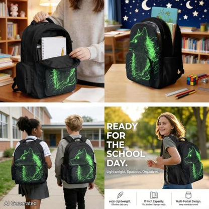 Green Galaxy Wolf Backpack for Girls Boys Backpack with Lunch Box for Boys Set of 4 School Backpacks Matching Combo Back to School Gifts and Pencil Case Pouch for Teens Children Ages 6-12 - color: Cool Green Galaxy Wolf