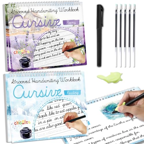chiazllta 2 Pack Cursive Grooved Handwriting Workbooks Magic Grooved Cursive Reusable Writing Practice Copy Books with Disappearing Ink Pens for Beginners Learning Activities Supplies (Reading&Poems) - style: Reading&Poems