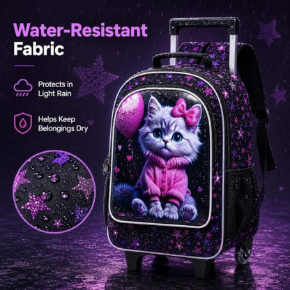 WZLVO 3PCS Wheeled Backpack, 18" Sparkling Cat Print Girls Rolling Backpack, Includes Matching Lunch Bag & Pencil Bag - Cat in Pink Dress (Purple) - color: 3PCS Girls Rolling Backpack - Cat in Pink Dress