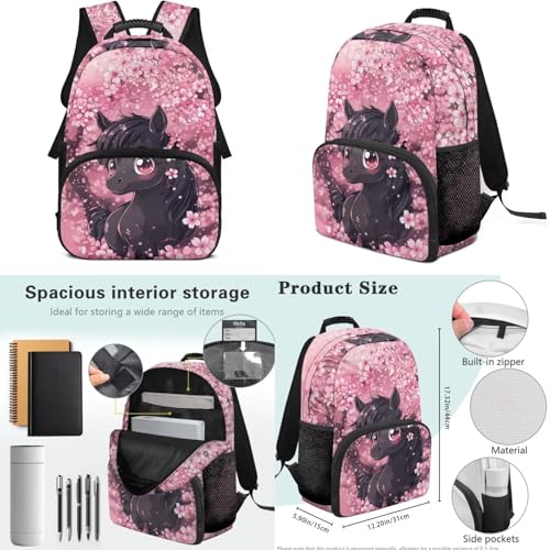 17 Inch Kid's 4PCS Backpack Set, Back to School Essentials | Insulated lunch box, water bottle pouch, pencil case, lightweight, padded shoulder straps, for elementary, middle school - color: Cute Horse