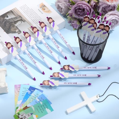 CroBlissful 48 Pcs Jesus Pens Bulk Christian Gift for Kid Jesus Loves You Sunday School Prize Religious Easter Gift Bible Verse Ballpoint Pen with Bookmarks for Catholic Easter(Retro Style) - style: Retro Style