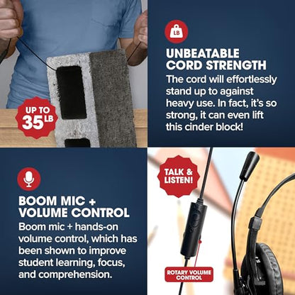 SENTRY Bulk 8 Pack Rugged School Headphones, 3.5 mm Jack with Boom Mic Connection, Durable for Kids, Students, Teachers, Classrooms, Braided Cable, for Online Learning