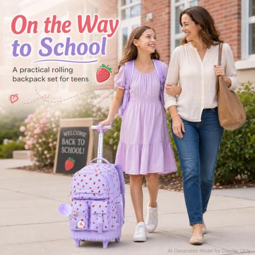 CCJPX 3Pcs Rolling Backpack for Girls, Roller Wheeled School Bookbag, Strawberryra Wheels Backpacks with Lunch Box for Kids (Purple) - color: Strawberry Purple