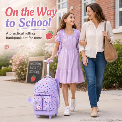 CCJPX 3Pcs Rolling Backpack for Girls, Roller Wheeled School Bookbag, Strawberryra Wheels Backpacks with Lunch Box for Kids (Purple) - color: Strawberry Purple