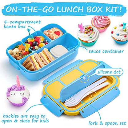 QQKO Bento Lunch Box for Kids Girls Boys, Toddler Kids Lunch Boxes for School, Lunch Containers for Adults with 4 Compartments, Sauce Container, Utensils, Food Picks and Muffin Cups, Blue - color: Blue