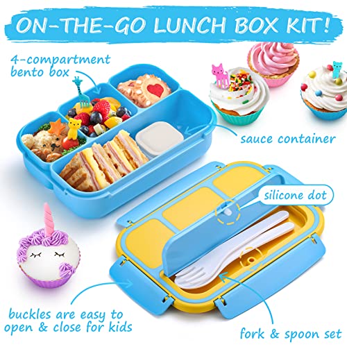 QQKO Bento Lunch Box for Kids Girls Boys, Toddler Kids Lunch Boxes for School, Lunch Containers for Adults with 4 Compartments, Sauce Container, Utensils, Food Picks and Muffin Cups, Blue - color: Blue