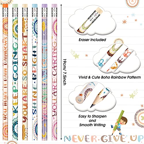 Funrous 60 Pieces Motivational Pencils Bulk Fun Boho Rainbow Inspirational Pencils with Sayings Welcome Back to School for Classroom 2nd 3rd Grade