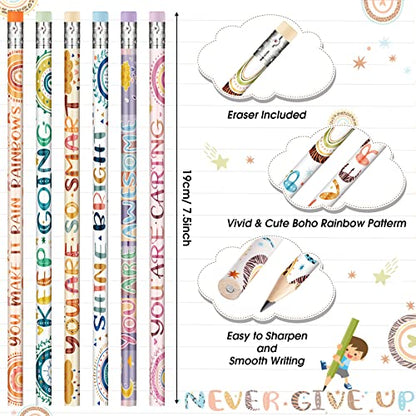 Funrous 60 Pieces Motivational Pencils Bulk Fun Boho Rainbow Inspirational Pencils with Sayings Welcome Back to School for Classroom 2nd 3rd Grade