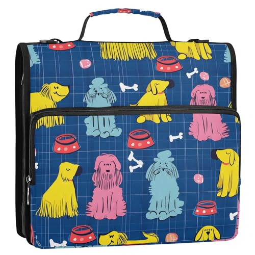 Bolaz Durable 3 Ring Binder Bag with Zipper,Colorful Black Line Dog Pattern,1.5 Inch Multi-Pockets Organizer with Shoulder Strap and Handle - color: Colorful Black Line Dog Pattern