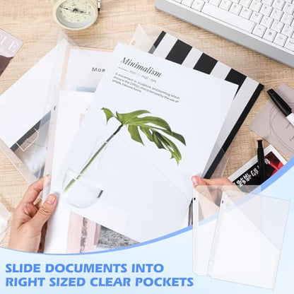 48 Pcs Binder Pockets for 3 Ring Binder Clear Plastic Folders Sleeves 3 Hole Punch Document Dividers Poly Slash File Jacket Organizer with Pockets for Office Home School, Clear