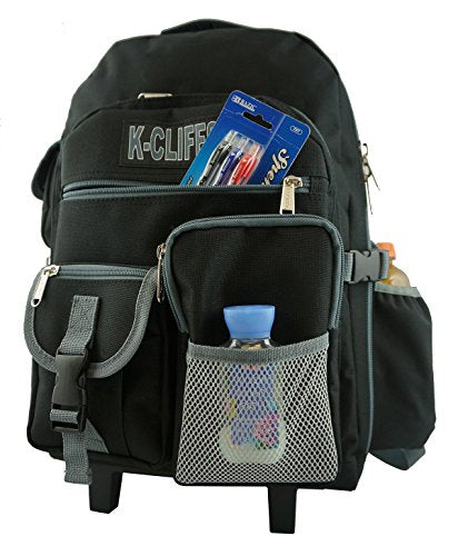 K-Cliffs Heavy Duty Rolling Backpack School Bookbag with Wheels Deluxe Wheeled Daypack - color: Black